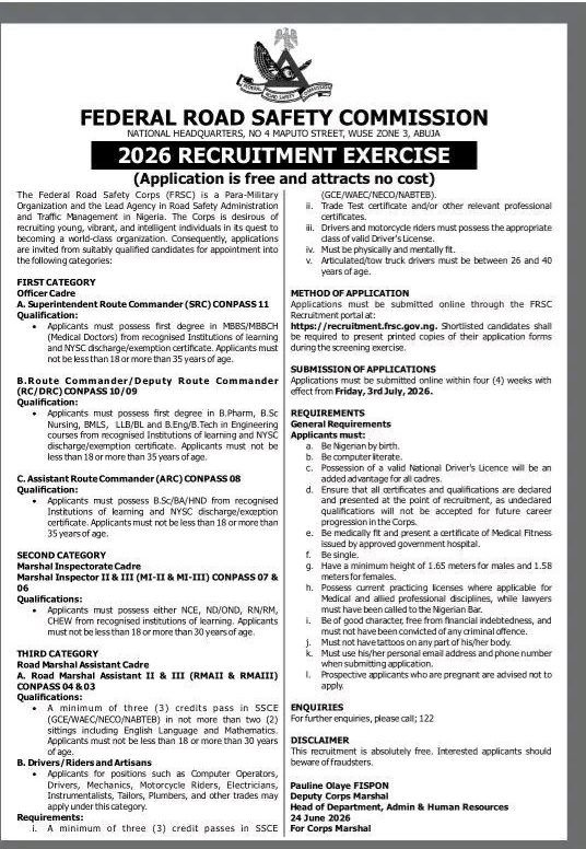 FRSC Recruitment 2026/2027 Portal, Requirements & How to Apply
