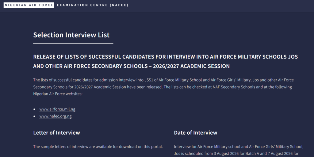 Air Force Military School Shortlisted Candidates 2026: Selection Interview List