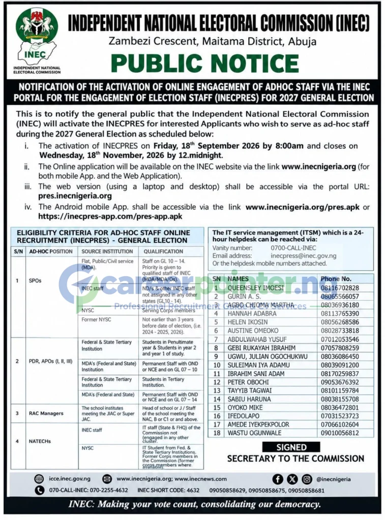 INEC is Recruiting AdHoc Staff for 2027 General Election