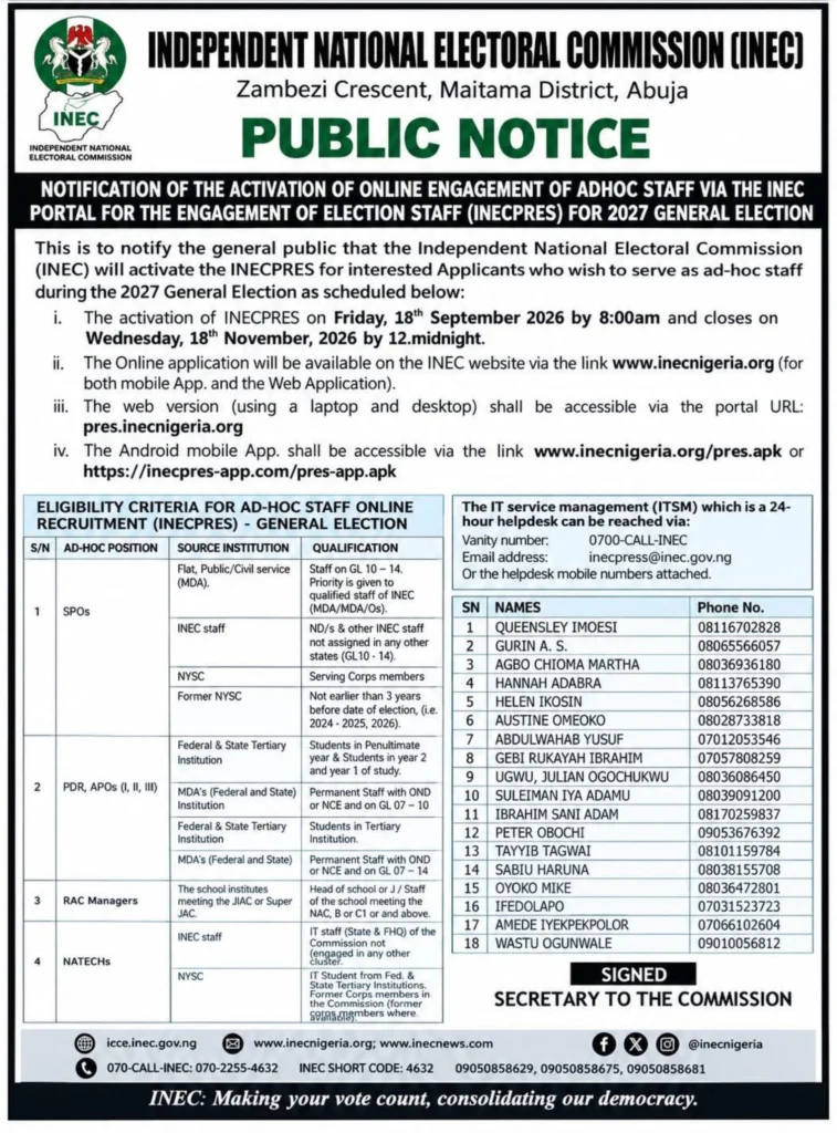When is INEC AdHoc Staff Recruitment Starting for 2027 Election?